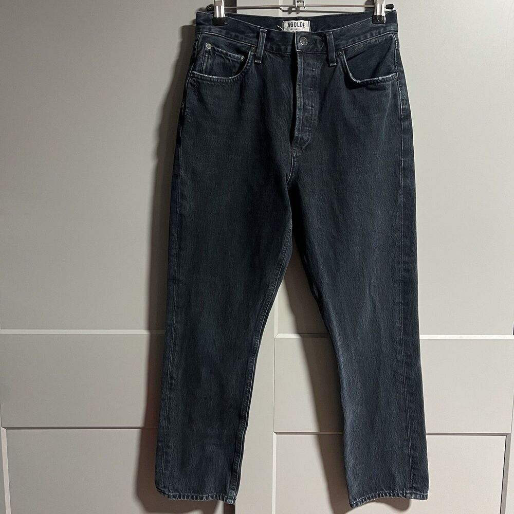 Agolde Women Riley High Rise Crop Denim Jeans Black 26 Button Fly (25" Inseam)